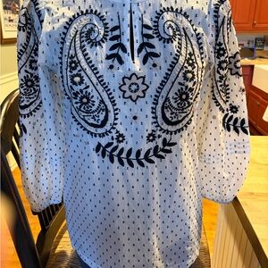 Fat Face White Blouse with Black Embroidery